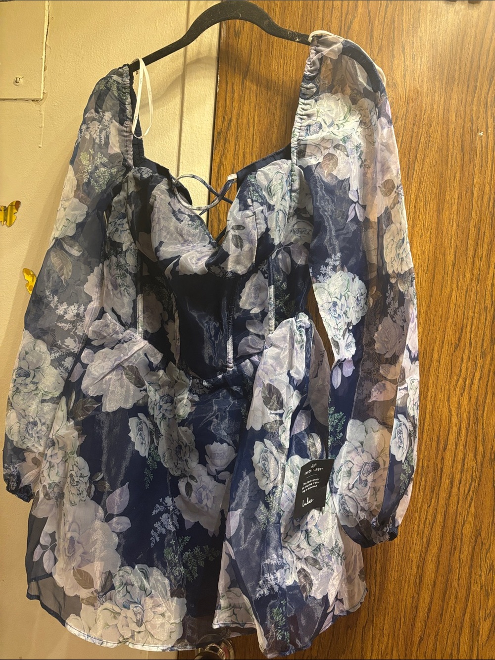 Lulu's Navy Floral Puff-Sleeve Sheer Corset Tunic